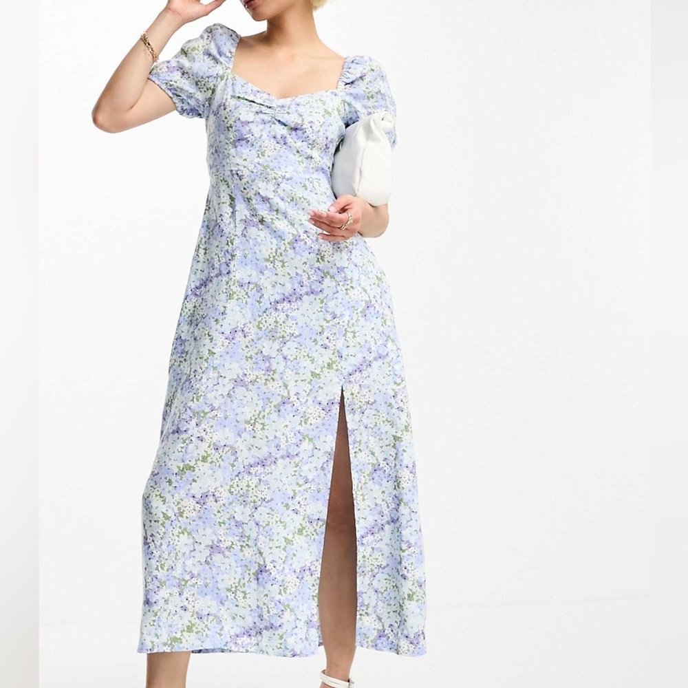 Linen Floral Dress with Puff Sleeves